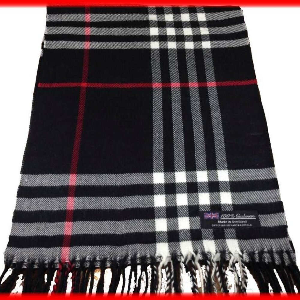 New Cashmere Scarf - Made in Scotland 100% Cashmere Black/Red/White Plaid